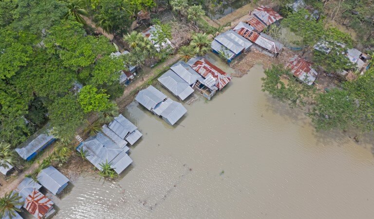 Aerial view of flooded community, Bangladesh